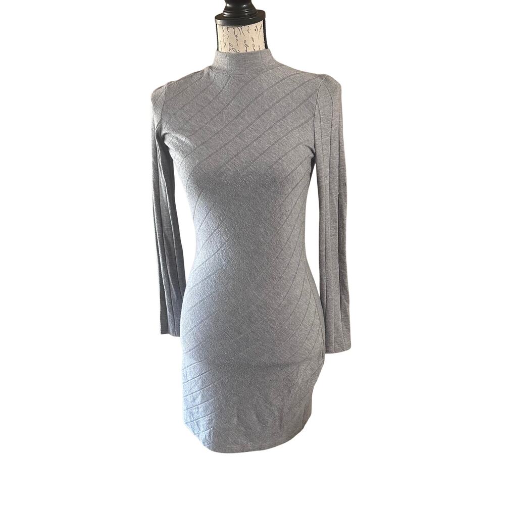 MNG Gray Mock Neck Sweater Dress, Ribbed, Fitted, Chic, Size 4, EUC